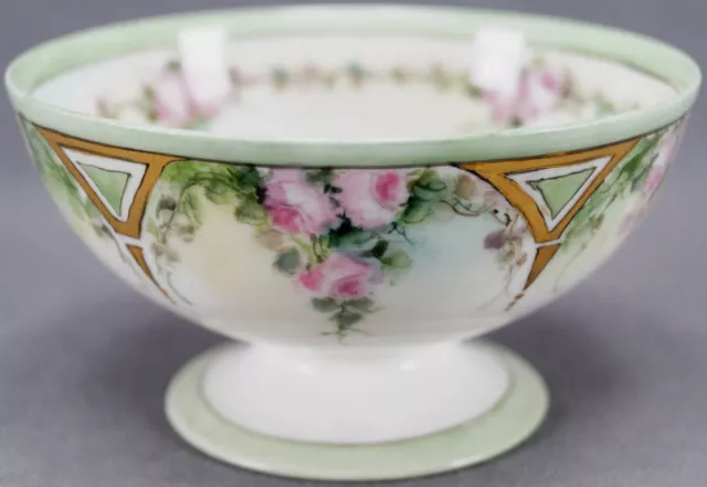 Haviland Limoges Hand Painted Pink Rose Art Deco Gold Footed Bowl C. 1893 - 1930