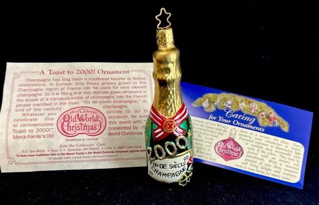 Merck Family’s Old World Christmas Ornament 2000 Champagne Bottle 5" Blown Glass