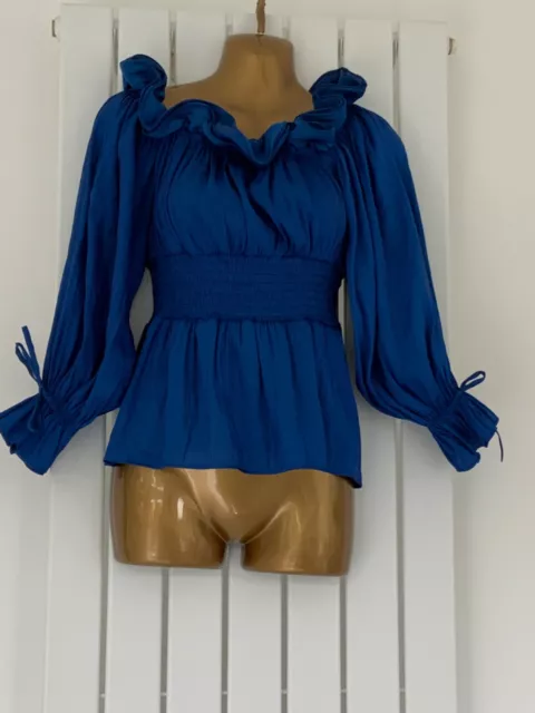 River Island blue on/off shoulder ruffle, Bardot top size 12