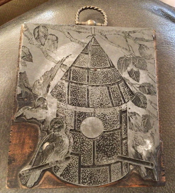 Antique Print Block Hardwood  Mounted Hanging Hook Bird Cage Birds Foliage Decor