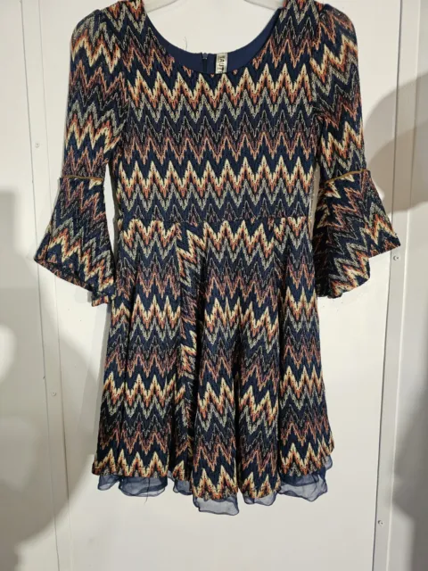 Beautees Girls Dress Blue Hippie Bell Sleeves Size 14 Lace Chevron Print