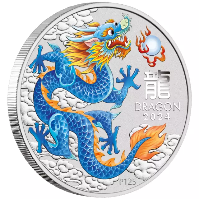 Silbermünze Jahr des Drachen Blue Dragon 2024 - Australien - 1 Oz ST in Farbe 3