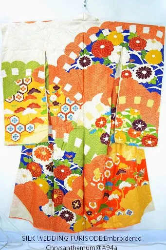 STUNNING NEW UN-FINISHED SILK WEDDING FURISODE:Embroidered Chrysanthe @A94a