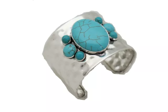 Women Western Jewelry Cuff Bracelet Silver Metal Turquoise Blue Beads Bohemian 2