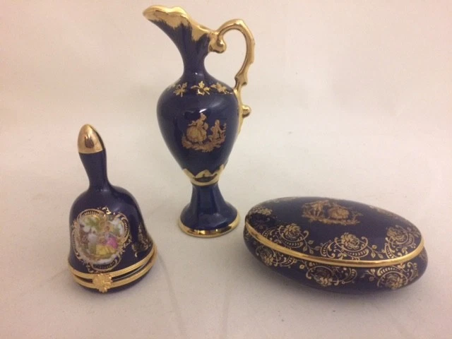 Lot 3 Limoges Cobalt Blue 22K Gold Ewer Trinket Box W/ Lid Hinged Bell Box