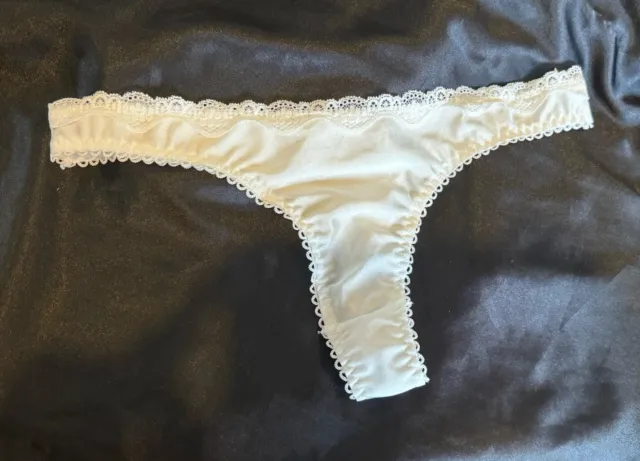 Sexy Pure White Satin Thong Panties Lace Trimmed Sz Lg