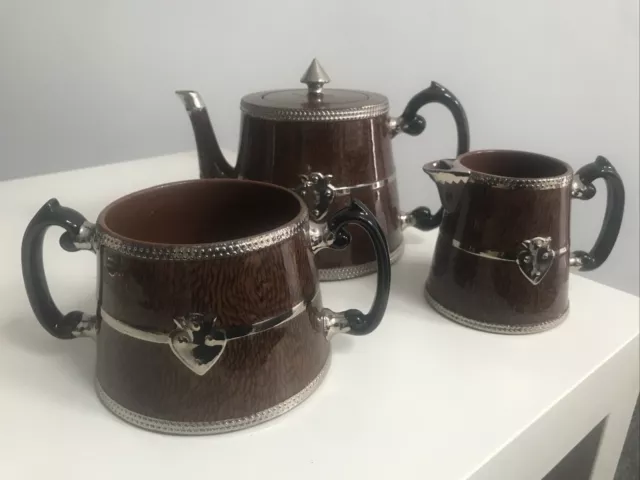 Antique English Redware Pottery Teapot w/Woodgrain Finish & Gold Trim, 4 ¼” t.