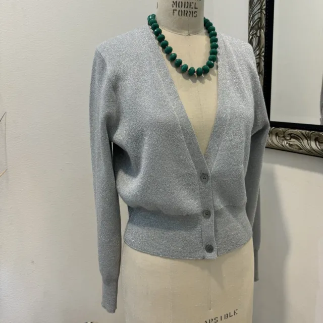 J. Crew Merino Wool Grey-Silver Metallic Cropped Cardigan Sweater Size M (New)