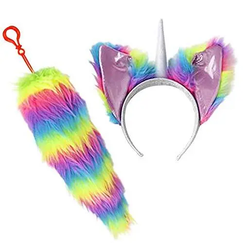 Unicorn Headband & Tail Set for Kids, Includes Furry Ear Headband and Rainbow