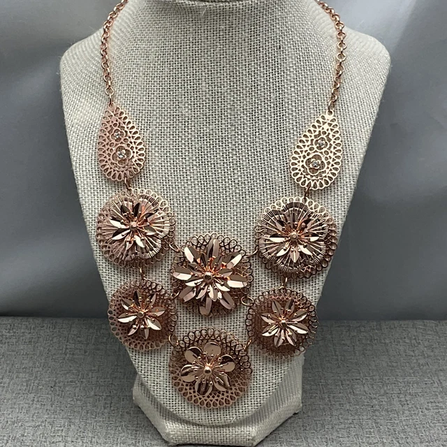 Charming Charlie Rose Gold Peachy Red Tone Rhinestone Filigree Flower Necklace