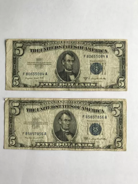 TWO 1953 B Series Well Circulated $5 Silver Certificate Bill Notes Blue Seal