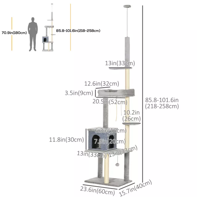 Floor to Ceiling Cat Climbing Tree W/ Scratching Posts Condo Toy 7.2'-8.5' Grey 2