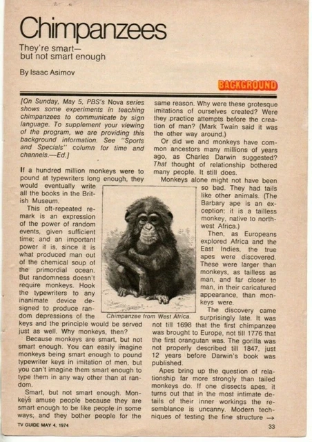 Chimpanzees Isaac Asimov 1974 Picture Article 2 Page Clipping