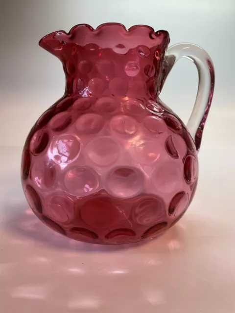 Fenton Art Glass: Cranberry Pitcher Inverted Thumbprint Coin Dot Clear Handle