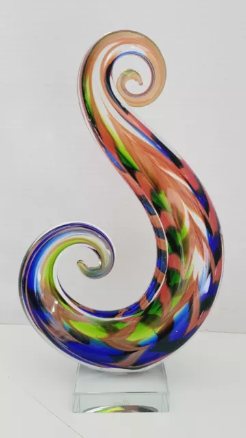 1990’s Murano 12" Swirl Glass Blue Orange Green Sculpture Art Glass Base Marked