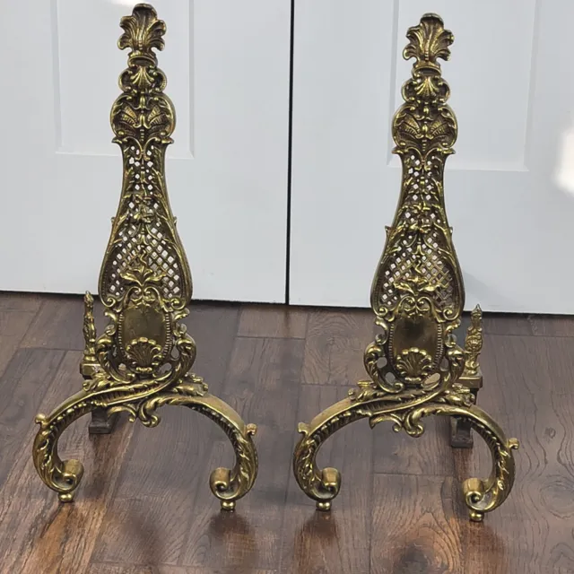 Large Antique Brass Ornate French fireplace Andirons Victorian 22" tall