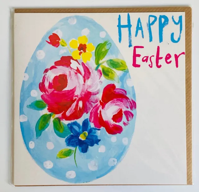 Happy Easter Greetings Card, Floral Painted Egg Design, New with Envelope
