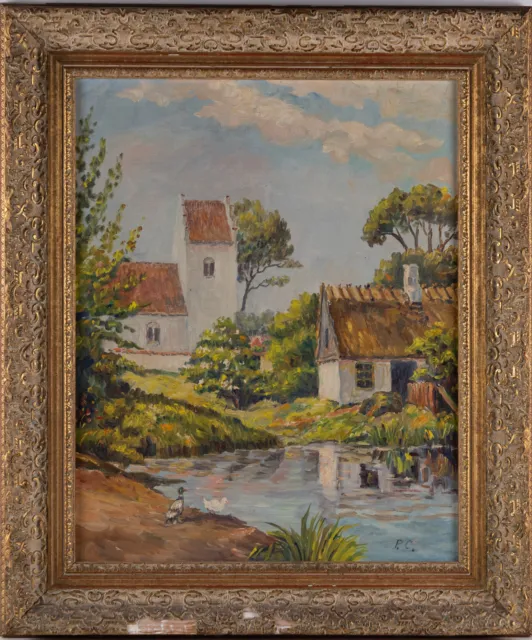 Early 20th Century Impressionist Oil On Canvas "Villa Near Pond"