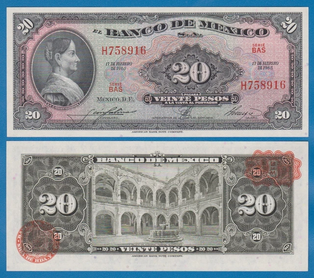 Mexico 20 Pesos P 54L 1965 UNC "BAS" Serie ( P 54 L )