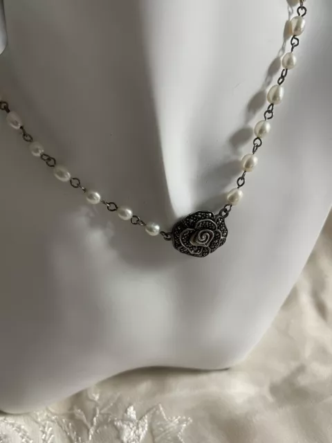 Vintage 925 Sterling Silver Marcasite & Genuine Pearl  Necklace