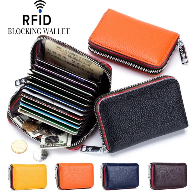 Mens Womens RFID Blocking Leather ID Credit Card Wallet Zipper Card Holder Purse