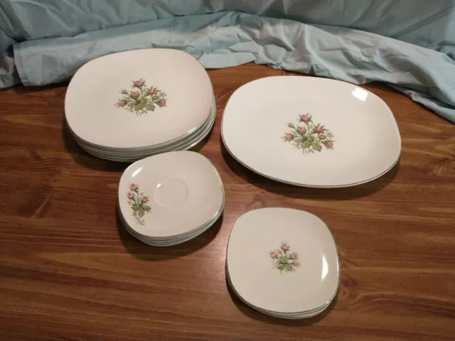 Edwin Knowles 'Moss Rose'  K-4034 Vintage Dinnerware Set Platter Plates - 13pc