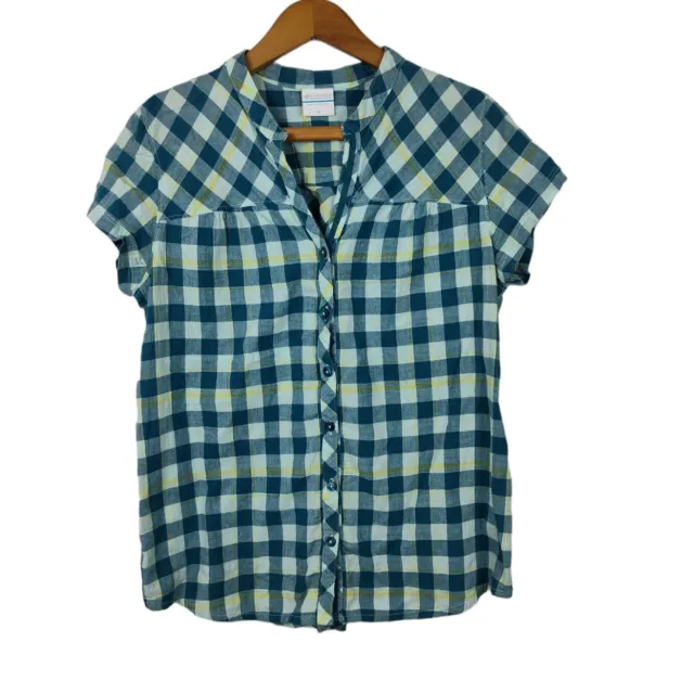 Columbia Women's Short Sleeve Button Down Shirt Blue Gingham Plaid Size Medium M