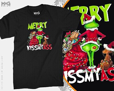 Merry Kissmyass Funny Rude Christmas T-shirt Grinch Xmas Joke Parody Men Women's