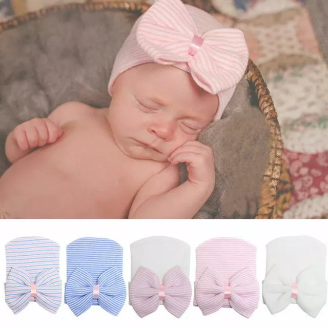 Newborn Baby Girls Infant Striped Soft Hat with Bow Cap Hospital Beanie headband 3