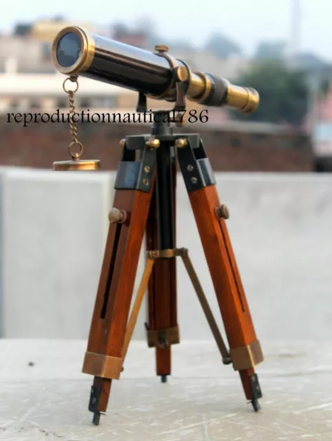 Antique Brass Telescope With Wooden Tripod Design Marine Pirate Spyglass Scope