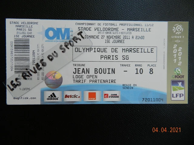 Ticket Football Ligue 1 - OM Marseille Vs PSG Paris 2011 - Original