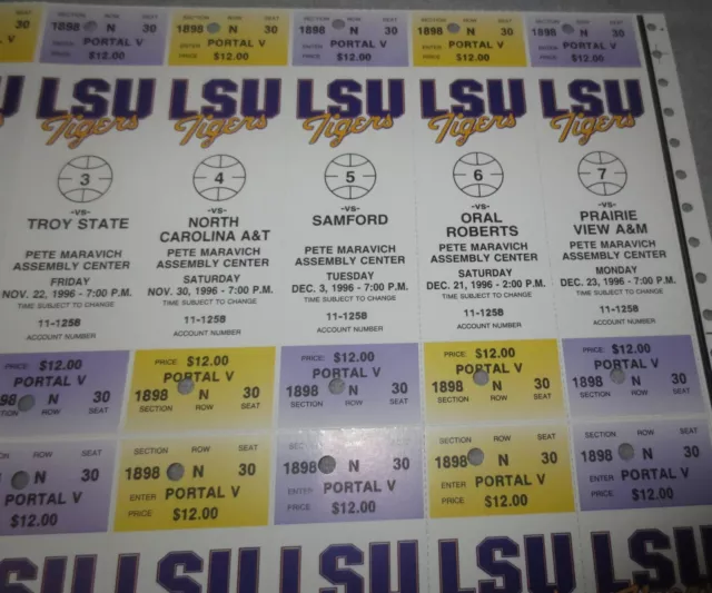 ☆ 1997 LSU Tigers FULL Test Sample Unused BASKETBALL Season Tickets Sheet Set 3