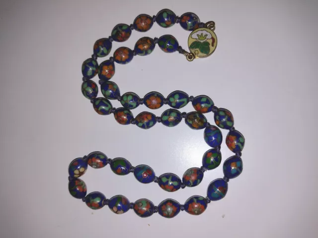 Vtg HAND KNOTTED Purple  Green Orange CHINESE CLOISONNE Floral Bead Necklace 20" 3