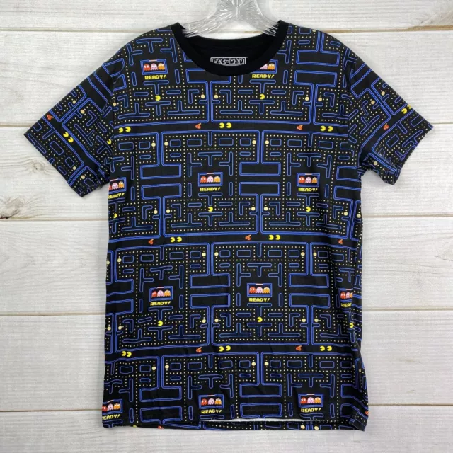 Pac-Man Tee Shirt Mens M Black All Over Print Short Sleeve Video Game Top