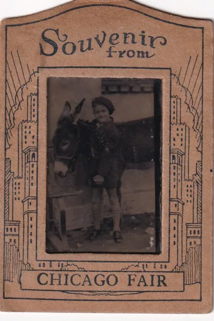 VINTAGE PHOTO - FAUX TINTYPE - SOUVENIR CHICAGO FAIR 1918-CUTE BOY w/BURRO