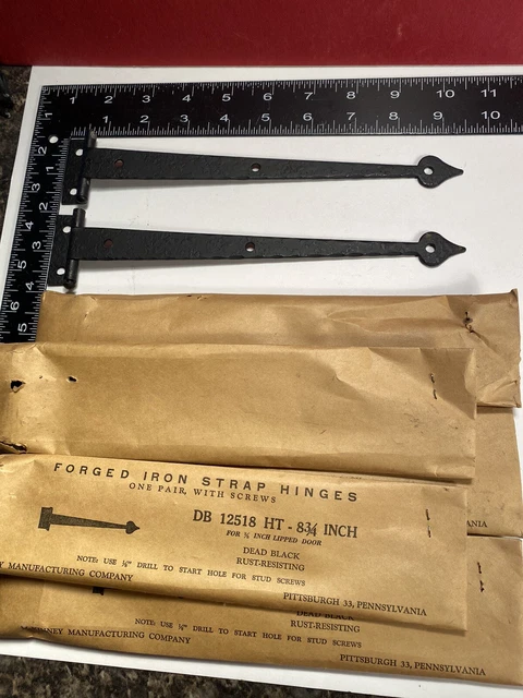 6 PAIR,McKINNEY, Mid Century USA Forged Iron 8 3/4" Strap hinges for 3/8” lip