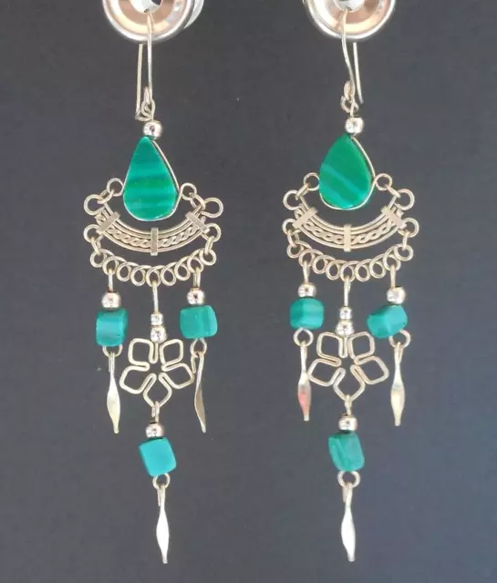 3 1/4" FIVE PETALS Malachite Boho Gypsy Peruvian Handmade Chandelier Earrings