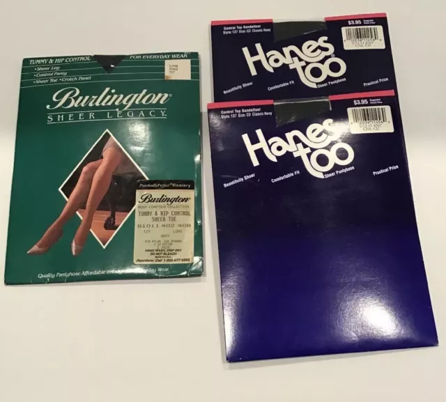 Lot 3 New Vintage Burlington Hanes Too Control Top Pantyhose Long Sz CD Navy