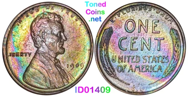 1909 VDB Lincoln Wheat Cent Penny Rainbow Toned First Year Unc VDB ID01409