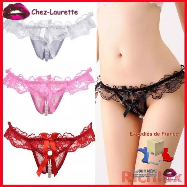 Culotte fendue string ouvert avec perles stimulantes! Dentelles brodées!! PER004