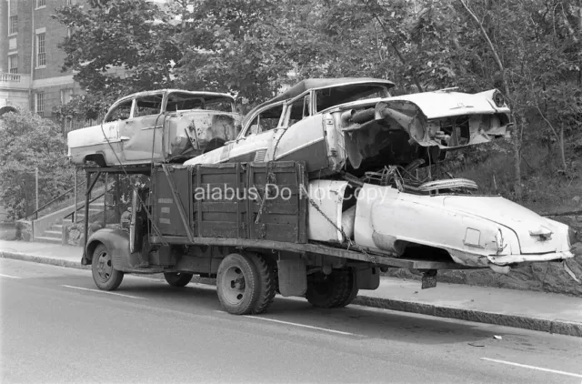 Orig 1960's NEGATIVE View of Old Truck Car Carrier Transporting Wrecked Cars
