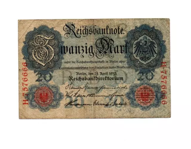 Genuine 20 Mark German empire banknote 1910  fine cond !!!!!