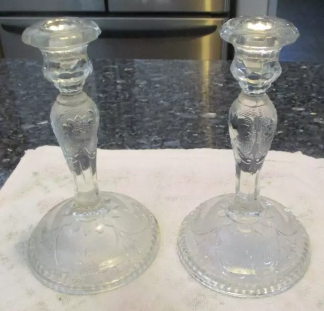 Pair Vintage Indiana Glass Clear candlesticks- sandwich pattern - 8 1/2"