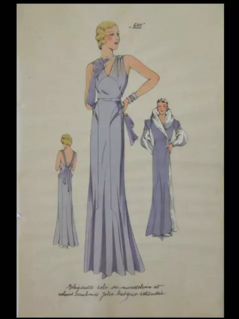 French Art Deco Fashion, Dress - 1933 Pochoir Print - Les Croquis De Paris