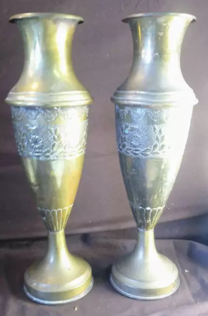 Old Antique Pair of Two Art Nouveau Style Brass Urns Vases Set Floral Embossed