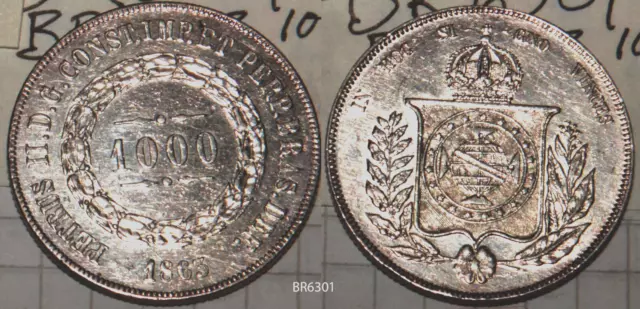 Brazil Brasil 1863 Silver 1000 Reis ExtraFine-UnCirculated Coin BR6301
