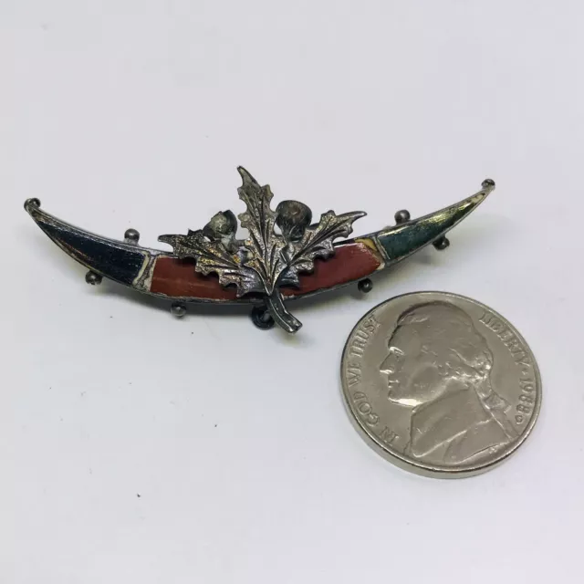 Victorian Inlay Pin Brooch Leaf Acorn Crescent Moon Shape Sterling Silver