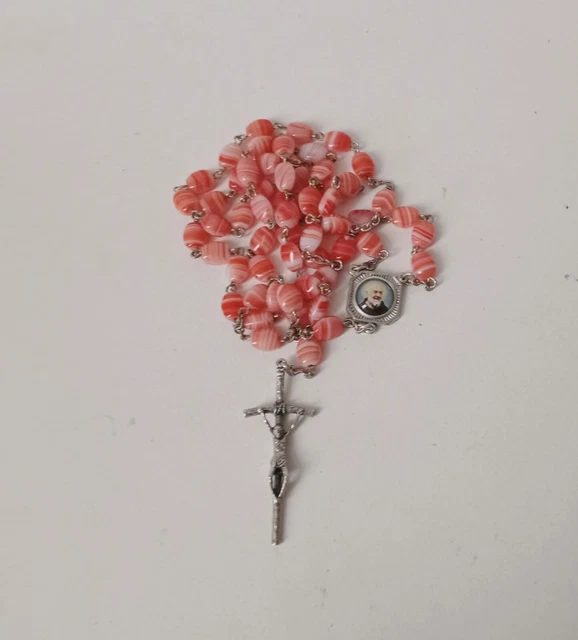 ROSARIO vintage GRANI Ovali VETRO rosa salmone bianco CROCE pastorale PADRE PIO