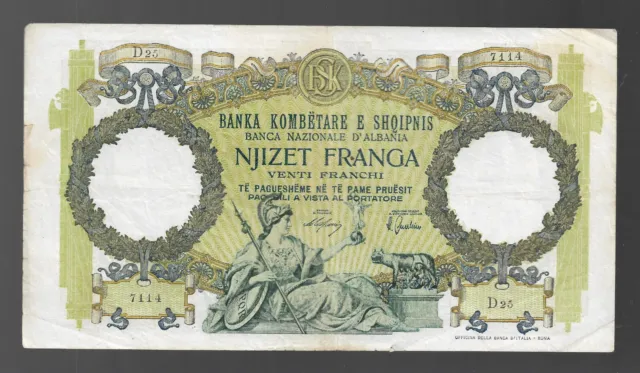 1939-44 Albania Albanian Paper Money, 20 Franga Italy& Germany Occupation