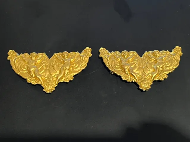 Pair of Vintage Pressed Brass Putti Angel Embellishments Curtain Tie Holders